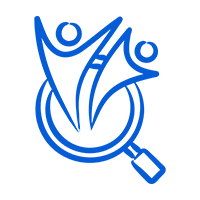 Blue abstract figures with magnifying glass logo.
