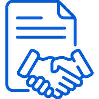 Handshake icon with document outline, blue.