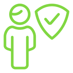 A green icon of a person and a shield.
