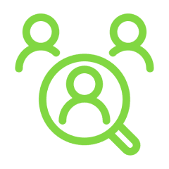 A green icon of people with magnifying glass.